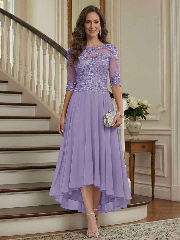 A-Line/Princess Half Sleeves Scoop Asymmetrical Mother of the Bride Dresses with Ruched &amp; Applique