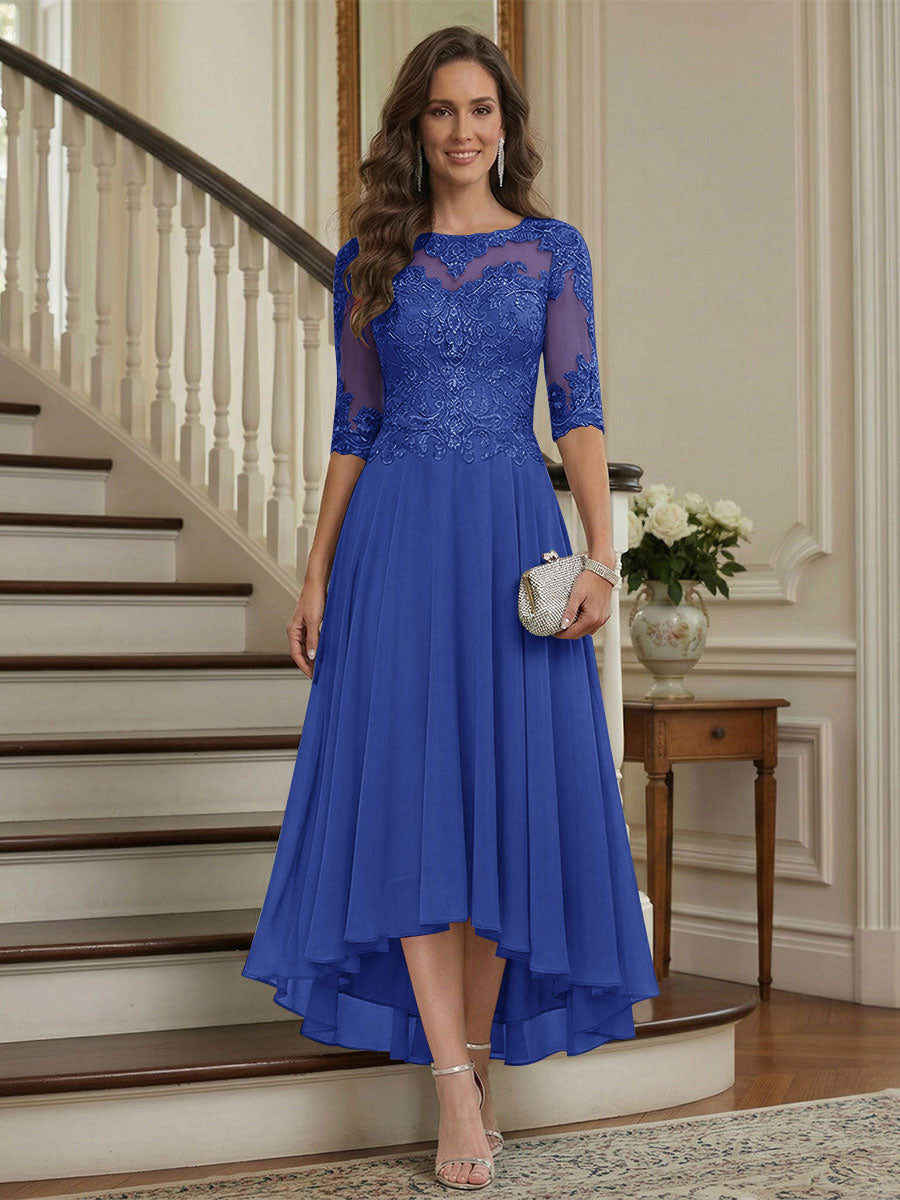 A-Line/Princess Half Sleeves Scoop Asymmetrical Mother of the Bride Dresses with Ruched &amp; Applique