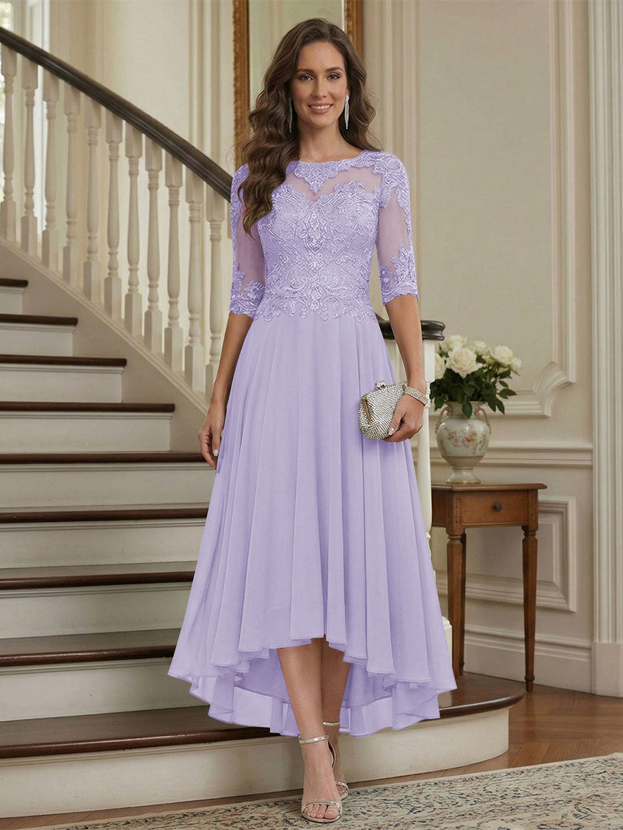 A-Line/Princess Half Sleeves Scoop Asymmetrical Mother of the Bride Dresses with Ruched &amp; Applique