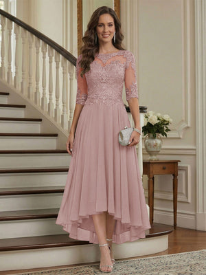 A-Line/Princess Half Sleeves Scoop Asymmetrical Mother of the Bride Dresses with Ruched & Applique