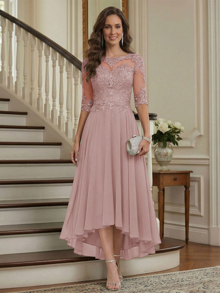 A-Line/Princess Half Sleeves Scoop Asymmetrical Mother of the Bride Dresses with Ruched &amp; Applique