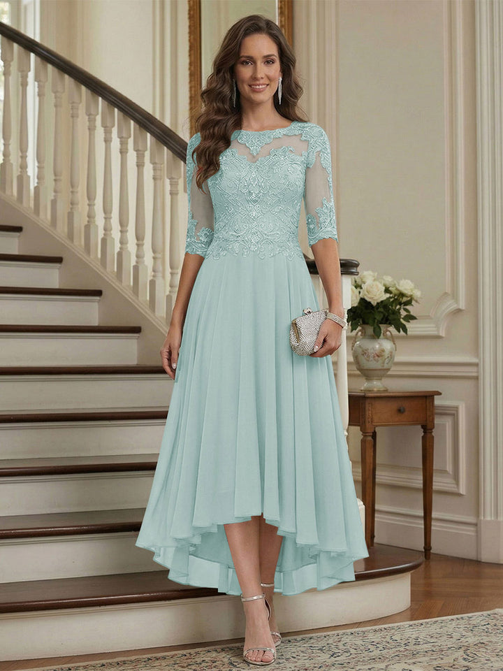 A-Line/Princess Half Sleeves Scoop Asymmetrical Mother of the Bride Dresses with Ruched &amp; Applique
