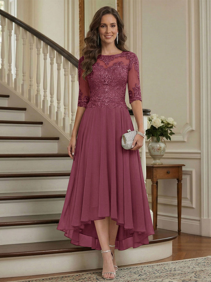 A-Line/Princess Half Sleeves Scoop Asymmetrical Mother of the Bride Dresses with Ruched &amp; Applique