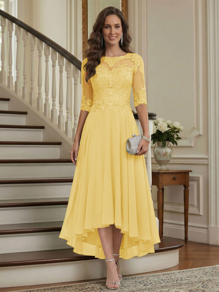 A-Line/Princess Half Sleeves Scoop Asymmetrical Mother of the Bride Dresses with Ruched &amp; Applique