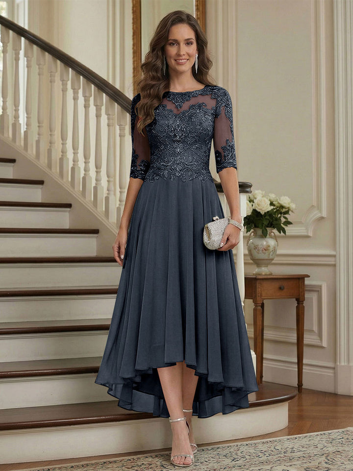 A-Line/Princess Half Sleeves Scoop Asymmetrical Mother of the Bride Dresses with Ruched &amp; Applique