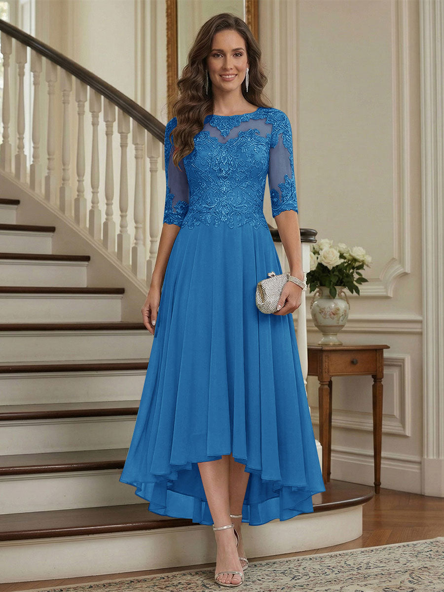A-Line/Princess Half Sleeves Scoop Asymmetrical Mother of the Bride Dresses with Ruched &amp; Applique