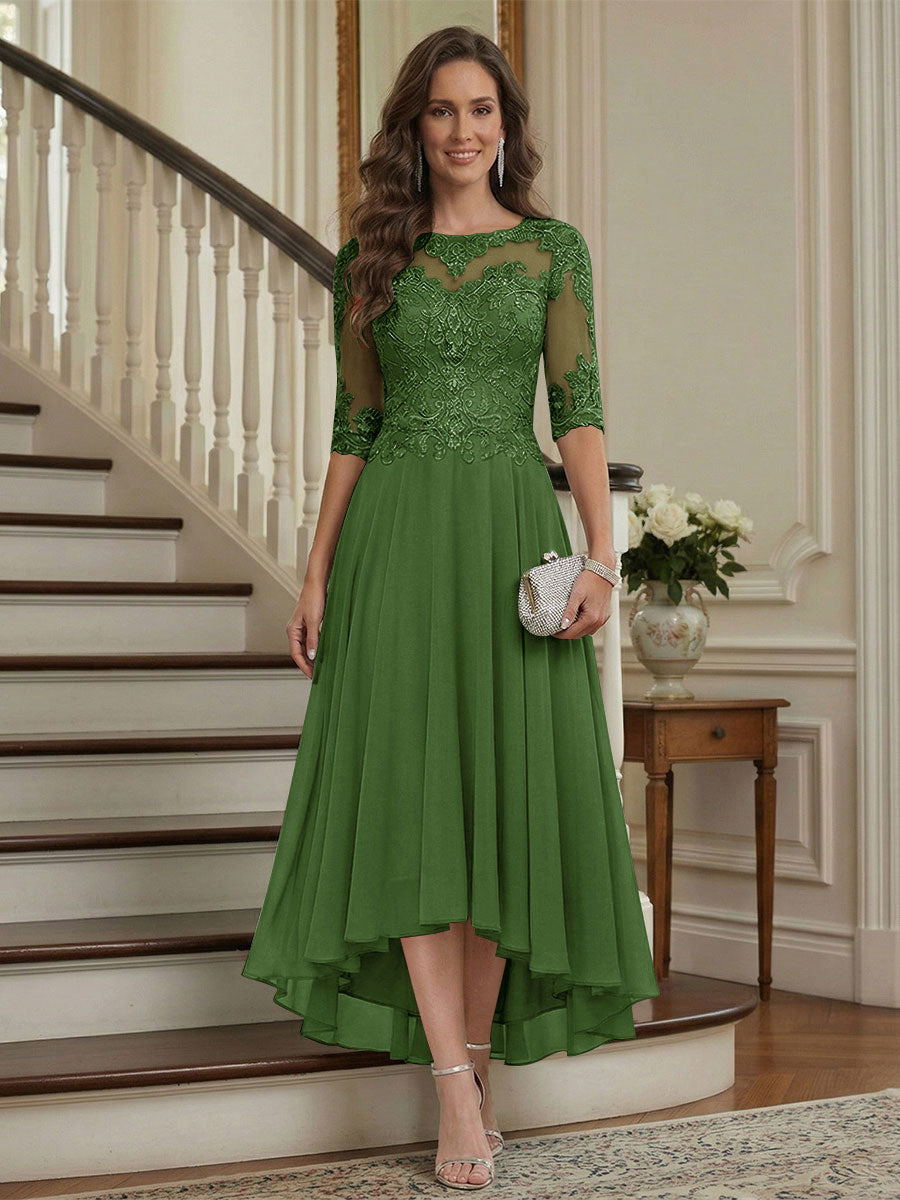 A-Line/Princess Half Sleeves Scoop Asymmetrical Mother of the Bride Dresses with Ruched &amp; Applique