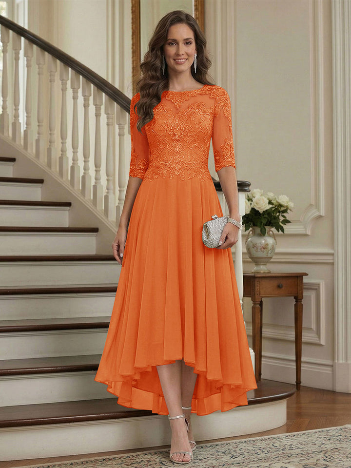 A-Line/Princess Half Sleeves Scoop Asymmetrical Mother of the Bride Dresses with Ruched &amp; Applique