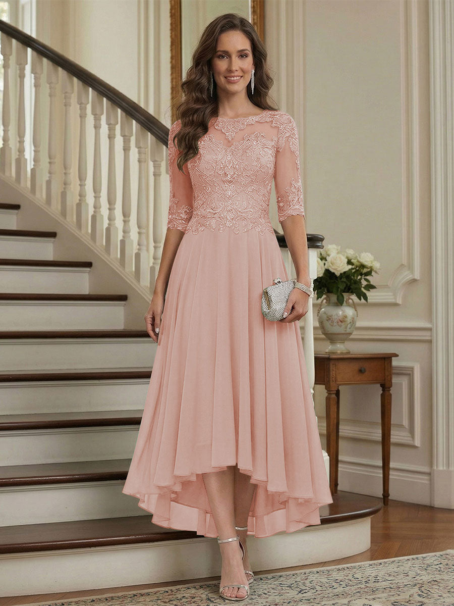 A-Line/Princess Half Sleeves Scoop Asymmetrical Mother of the Bride Dresses with Ruched &amp; Applique