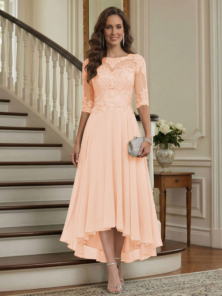A-Line/Princess Half Sleeves Scoop Asymmetrical Mother of the Bride Dresses with Ruched &amp; Applique