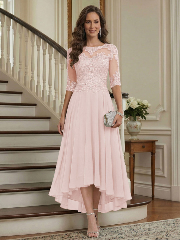 A-Line/Princess Half Sleeves Scoop Asymmetrical Mother of the Bride Dresses with Ruched &amp; Applique