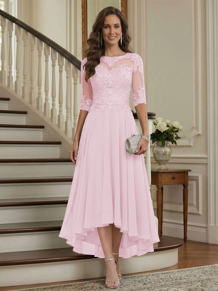 A-Line/Princess Half Sleeves Scoop Asymmetrical Mother of the Bride Dresses with Ruched &amp; Applique