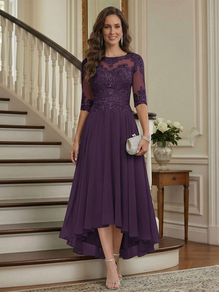 A-Line/Princess Half Sleeves Scoop Asymmetrical Mother of the Bride Dresses with Ruched &amp; Applique