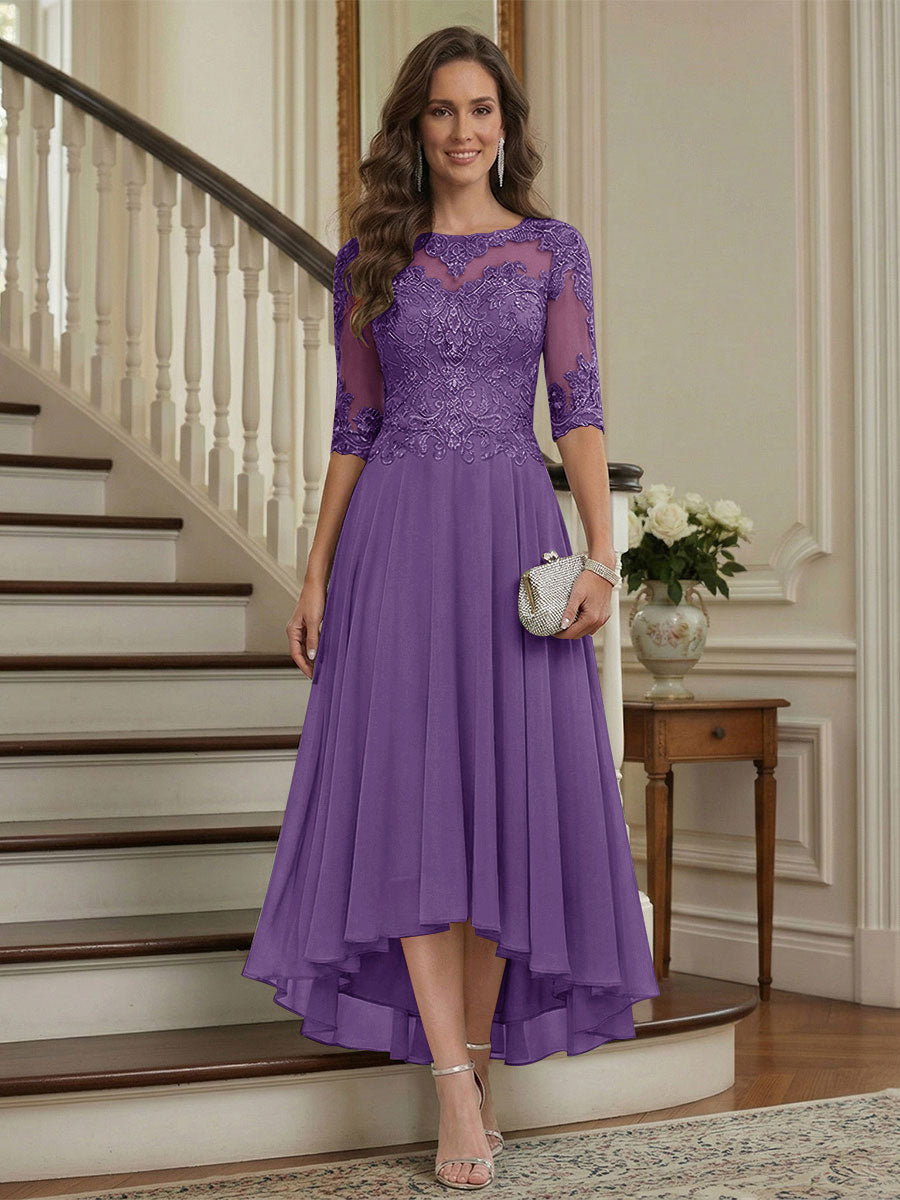 A-Line/Princess Half Sleeves Scoop Asymmetrical Mother of the Bride Dresses with Ruched &amp; Applique