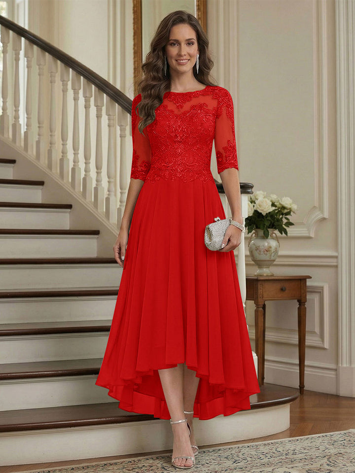 A-Line/Princess Half Sleeves Scoop Asymmetrical Mother of the Bride Dresses with Ruched &amp; Applique