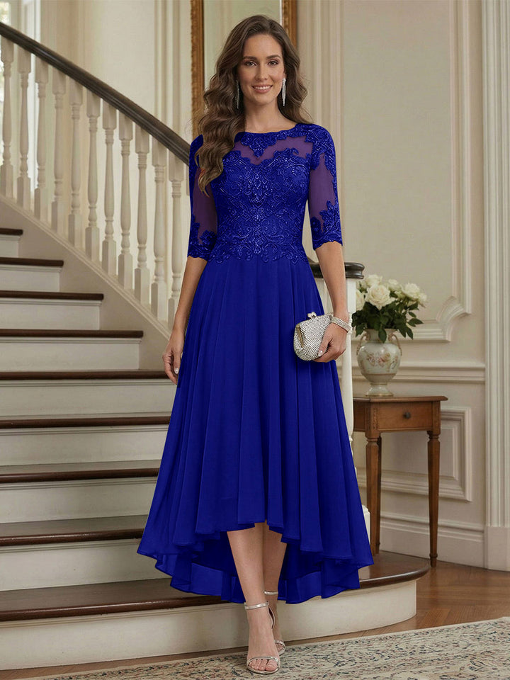 A-Line/Princess Half Sleeves Scoop Asymmetrical Mother of the Bride Dresses with Ruched &amp; Applique