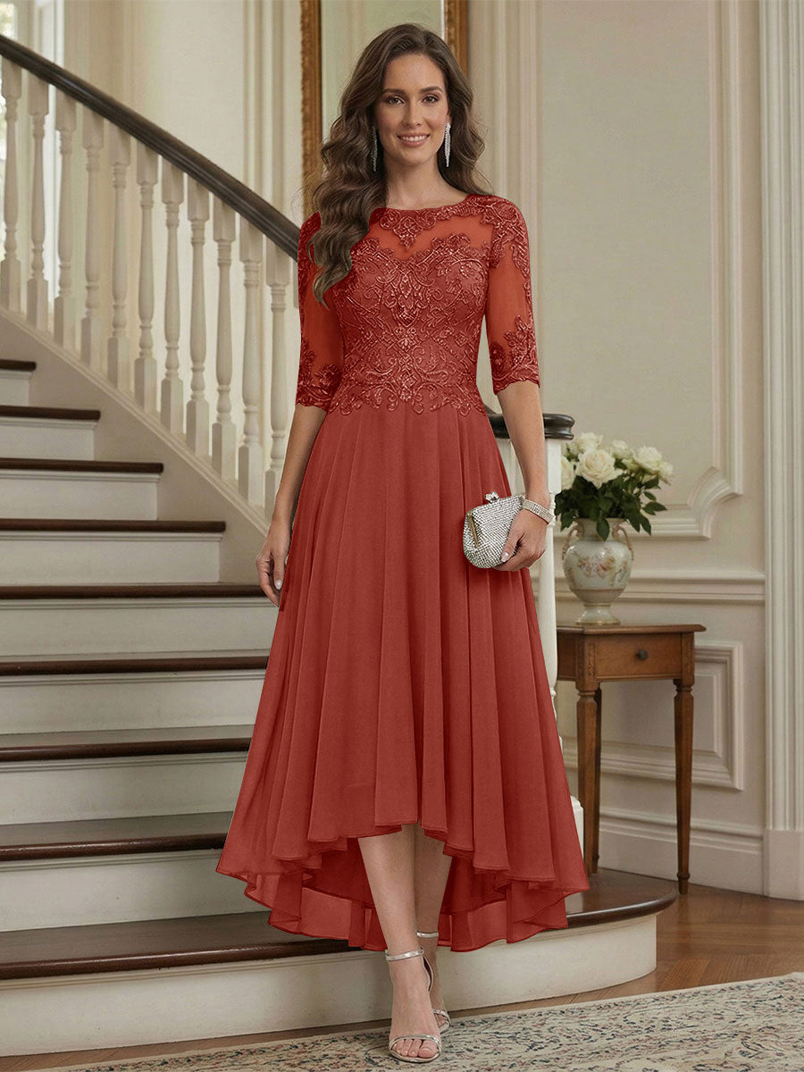 A-Line/Princess Half Sleeves Scoop Asymmetrical Mother of the Bride Dresses with Ruched &amp; Applique