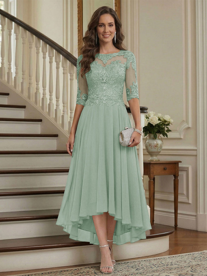 A-Line/Princess Half Sleeves Scoop Asymmetrical Mother of the Bride Dresses with Ruched &amp; Applique