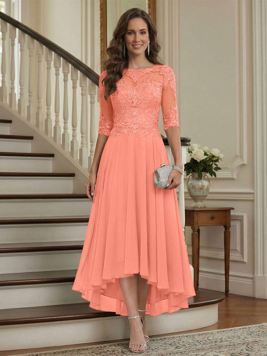 A-Line/Princess Half Sleeves Scoop Asymmetrical Mother of the Bride Dresses with Ruched &amp; Applique