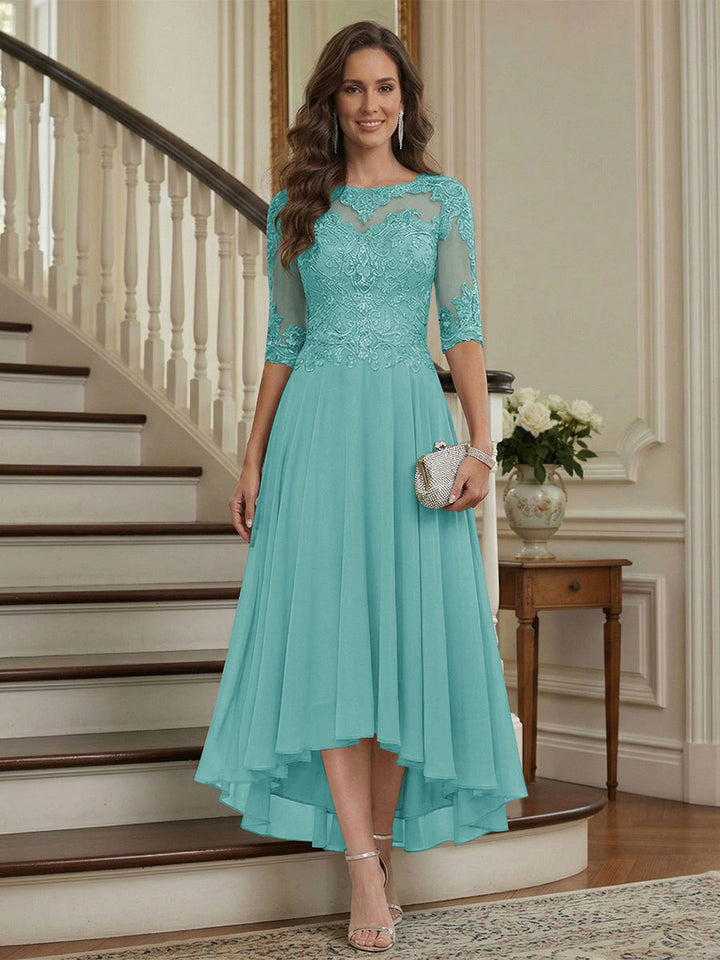 A-Line/Princess Half Sleeves Scoop Asymmetrical Mother of the Bride Dresses with Ruched &amp; Applique