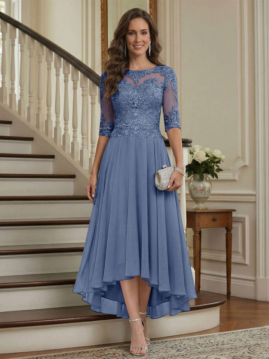 A-Line/Princess Half Sleeves Scoop Asymmetrical Mother of the Bride Dresses with Ruched &amp; Applique