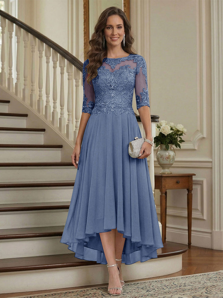 A-Line/Princess Half Sleeves Scoop Asymmetrical Mother of the Bride Dresses with Ruched &amp; Applique
