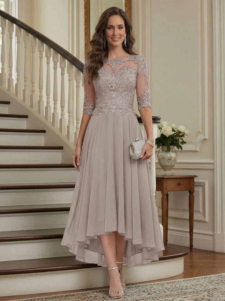 A-Line/Princess Half Sleeves Scoop Asymmetrical Mother of the Bride Dresses with Ruched &amp; Applique