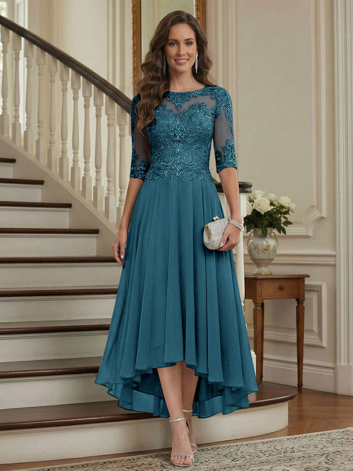 A-Line/Princess Half Sleeves Scoop Asymmetrical Mother of the Bride Dresses with Ruched &amp; Applique