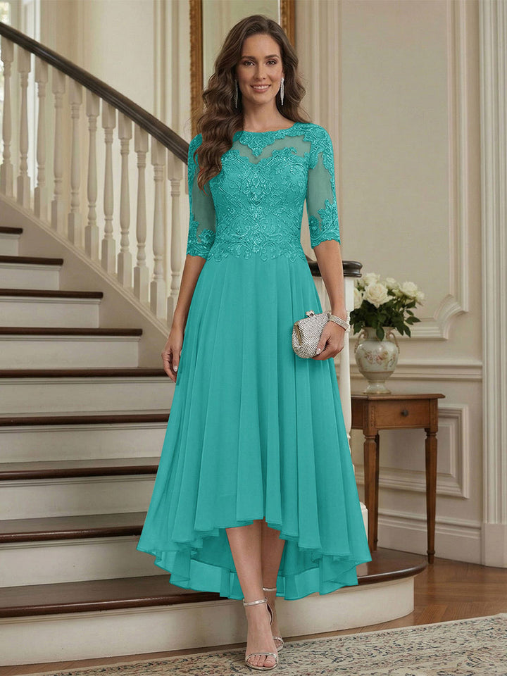 A-Line/Princess Half Sleeves Scoop Asymmetrical Mother of the Bride Dresses with Ruched &amp; Applique