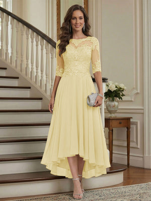 A-Line/Princess Half Sleeves Scoop Asymmetrical Mother of the Bride Dresses with Ruched & Applique