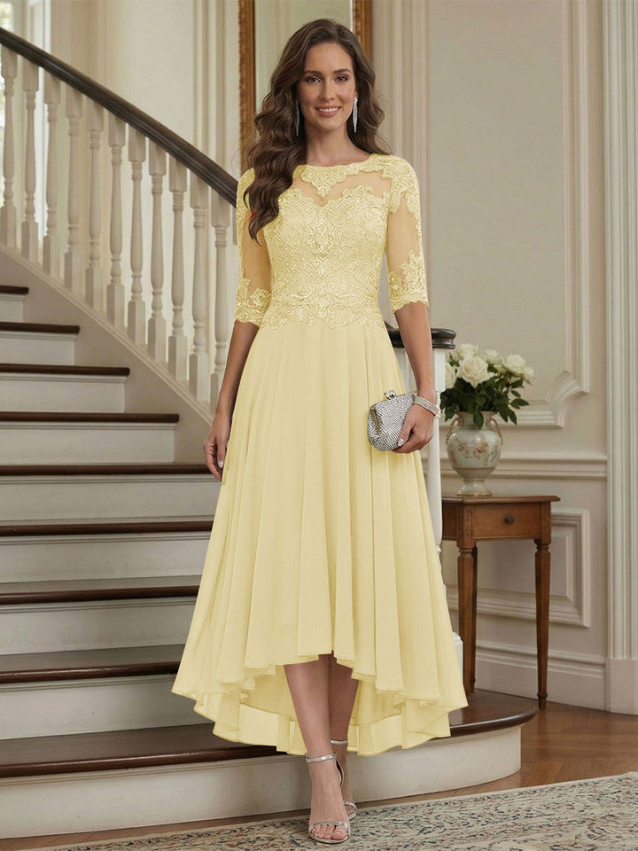 A-Line/Princess Half Sleeves Scoop Asymmetrical Mother of the Bride Dresses with Ruched &amp; Applique
