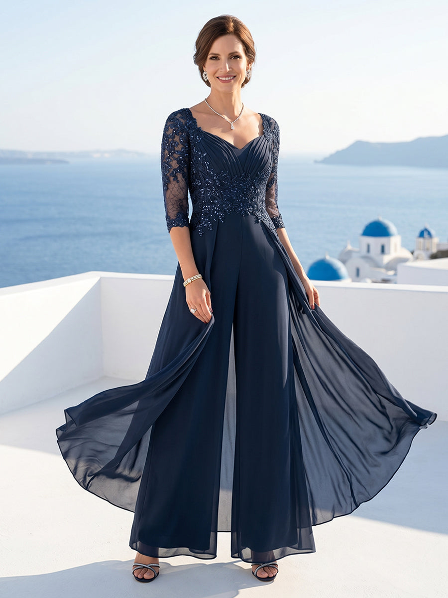 Chiffon V-Neck Half Sleeves Mother of the Bride Pantsuits with Applique