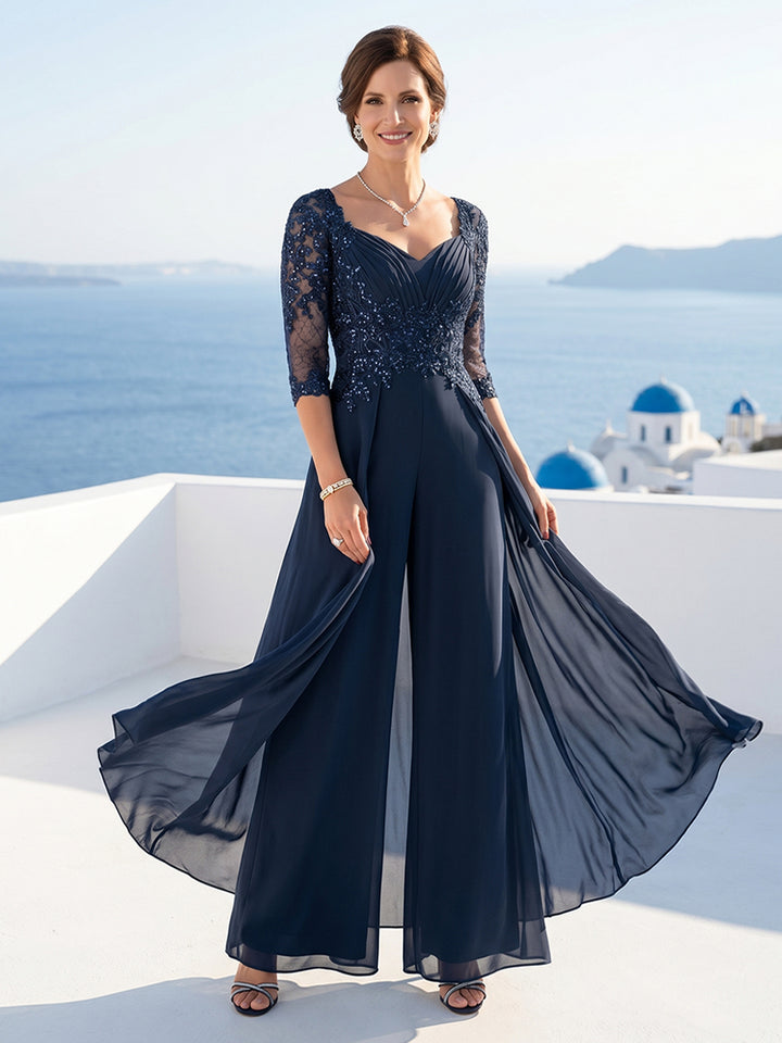Chiffon V-Neck Half Sleeves Mother of the Bride Pantsuits with Applique