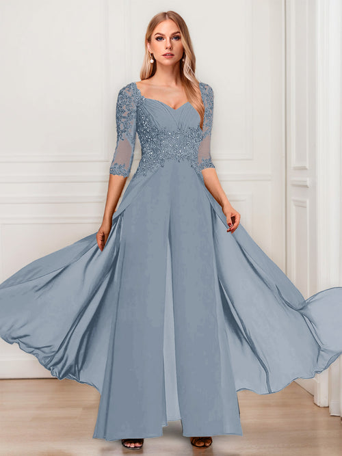 Chiffon V-Neck Half Sleeves Mother of the Bride Pantsuits with Applique