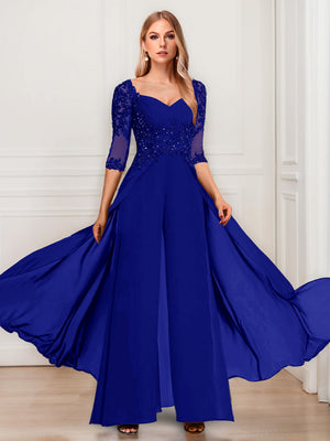 Chiffon V-Neck Half Sleeves Mother of the Bride Pantsuits with Applique