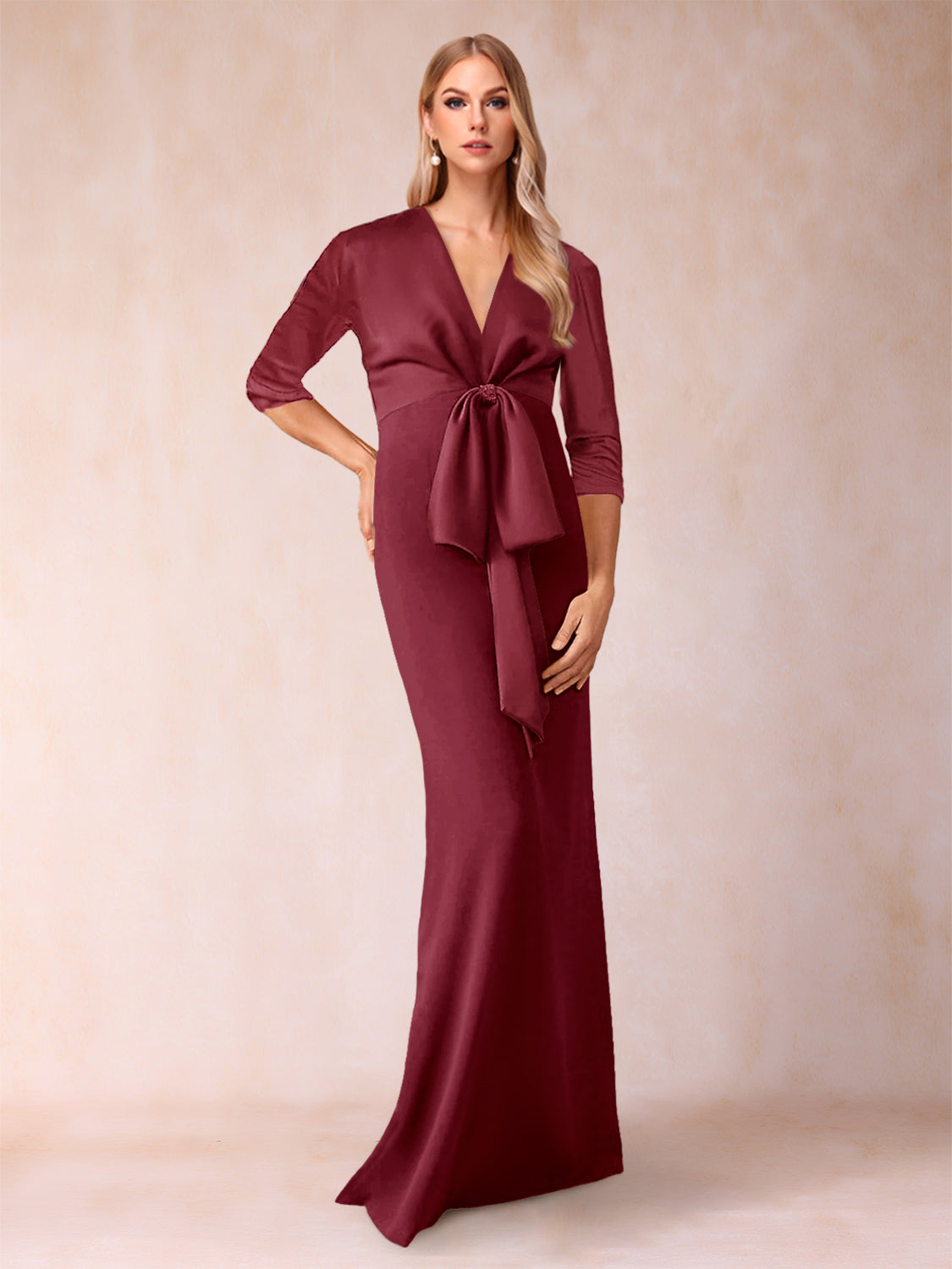 Sheath/Column V-Neck 3/4 Sleeves Mother of the Bride Dresses with Bow Knot