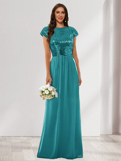 A-Line/Princess Scoop Short Sleeves Sequins Bridesmaid Dresses