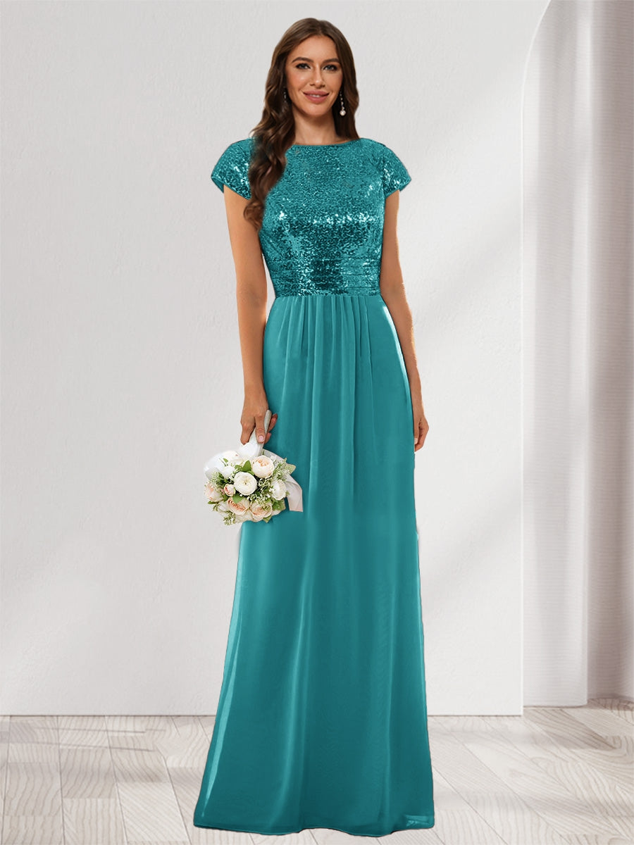A-Line/Princess Scoop Short Sleeves Sequins Bridesmaid Dresses