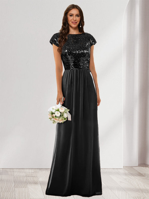 A-Line/Princess Scoop Short Sleeves Sequins Bridesmaid Dresses
