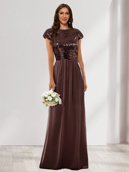 A-Line/Princess Scoop Short Sleeves Sequins Bridesmaid Dresses