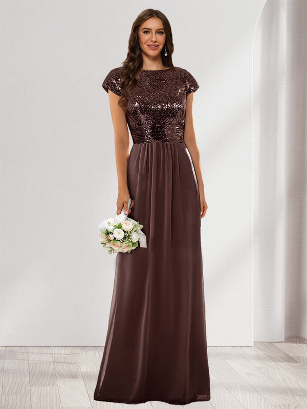 A-Line/Princess Scoop Short Sleeves Sequins Bridesmaid Dresses