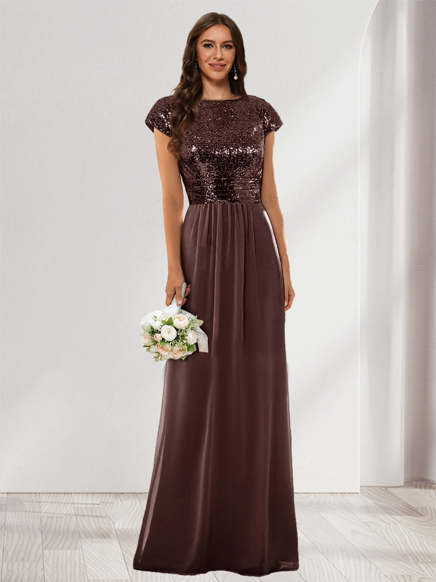 A-Line/Princess Scoop Short Sleeves Sequins Bridesmaid Dresses