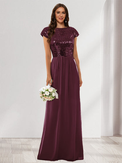 A-Line/Princess Scoop Short Sleeves Sequins Bridesmaid Dresses