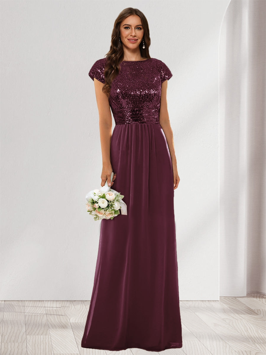 A-Line/Princess Scoop Short Sleeves Sequins Bridesmaid Dresses