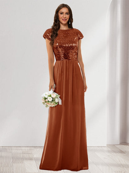 A-Line/Princess Scoop Short Sleeves Sequins Bridesmaid Dresses