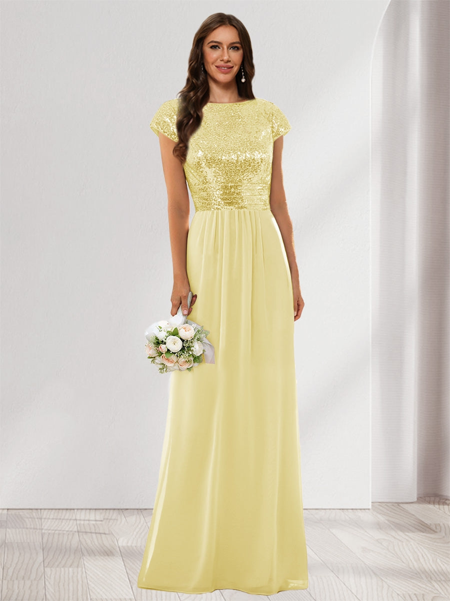 A-Line/Princess Scoop Short Sleeves Sequins Bridesmaid Dresses