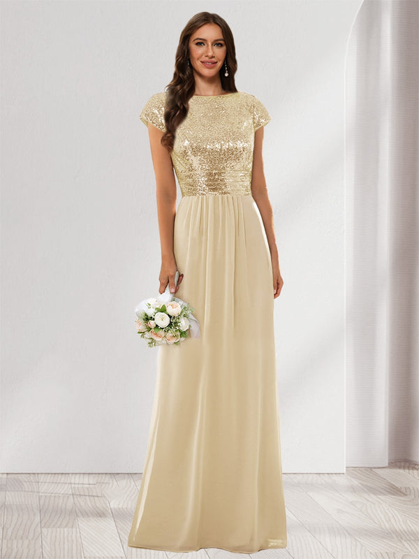 A-Line/Princess Scoop Short Sleeves Sequins Bridesmaid Dresses