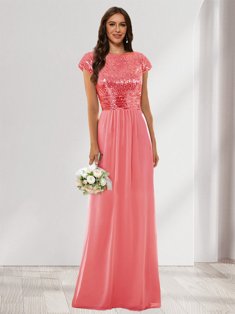 A-Line/Princess Scoop Short Sleeves Sequins Bridesmaid Dresses