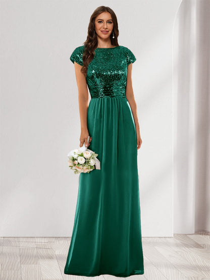A-Line/Princess Scoop Short Sleeves Sequins Bridesmaid Dresses