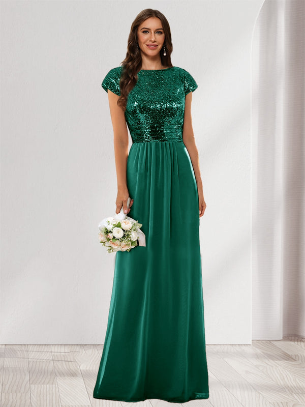 A-Line/Princess Scoop Short Sleeves Sequins Bridesmaid Dresses